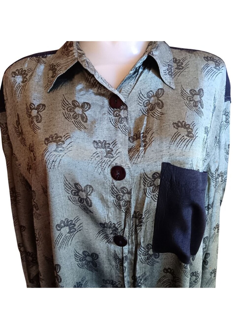 Oversize Blouse Medium Vintage Floral Print Shirt Rayon 1990's Mom Granny Shiny
